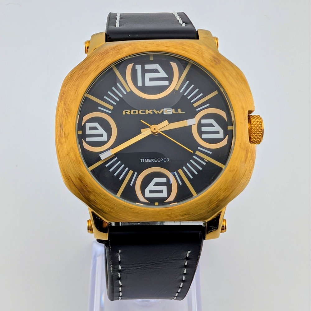 Rockwell Timekeeper Oversized Gold Tone Black Dial Quartz Watch 45mm